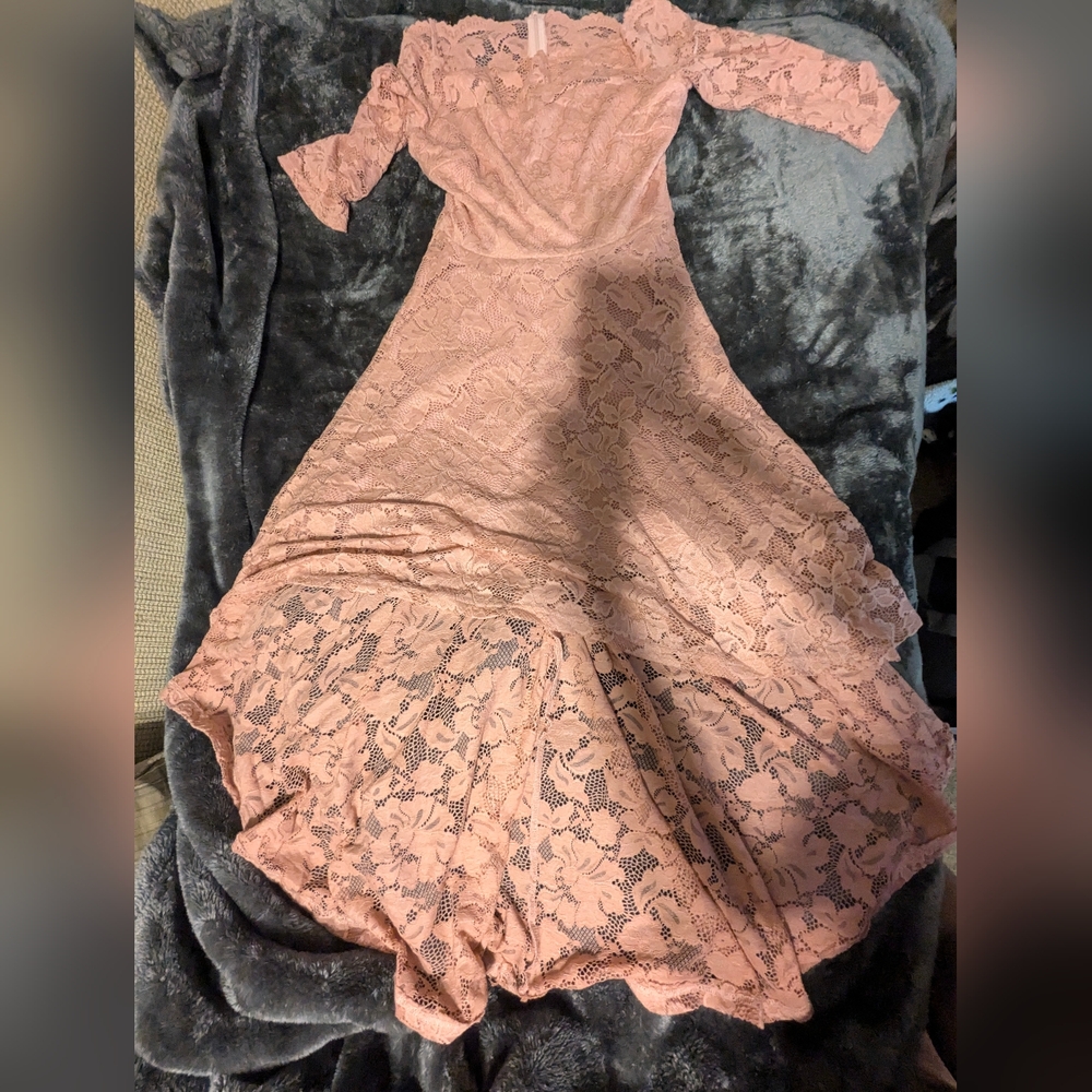 Pink High Low Gown with Cold Shoulder Flutter Sleeves